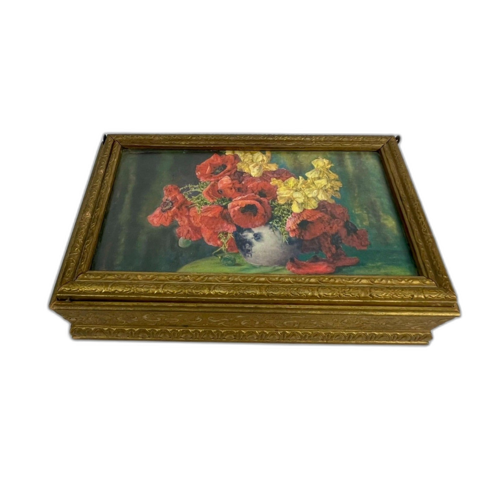 VTG Floral Wooden Jewelry Trinket Box Hinged Ornate Victorian Rose Vanity - Picture 2 of 10